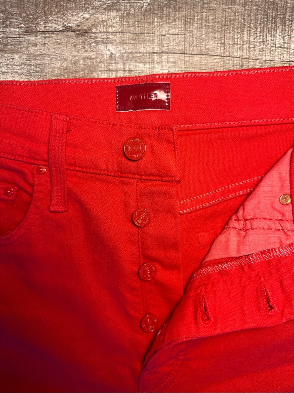MOTHER Denim The Rambler Ankle Jeans Ribbon Red 25 High Rise Wide Straight Leg